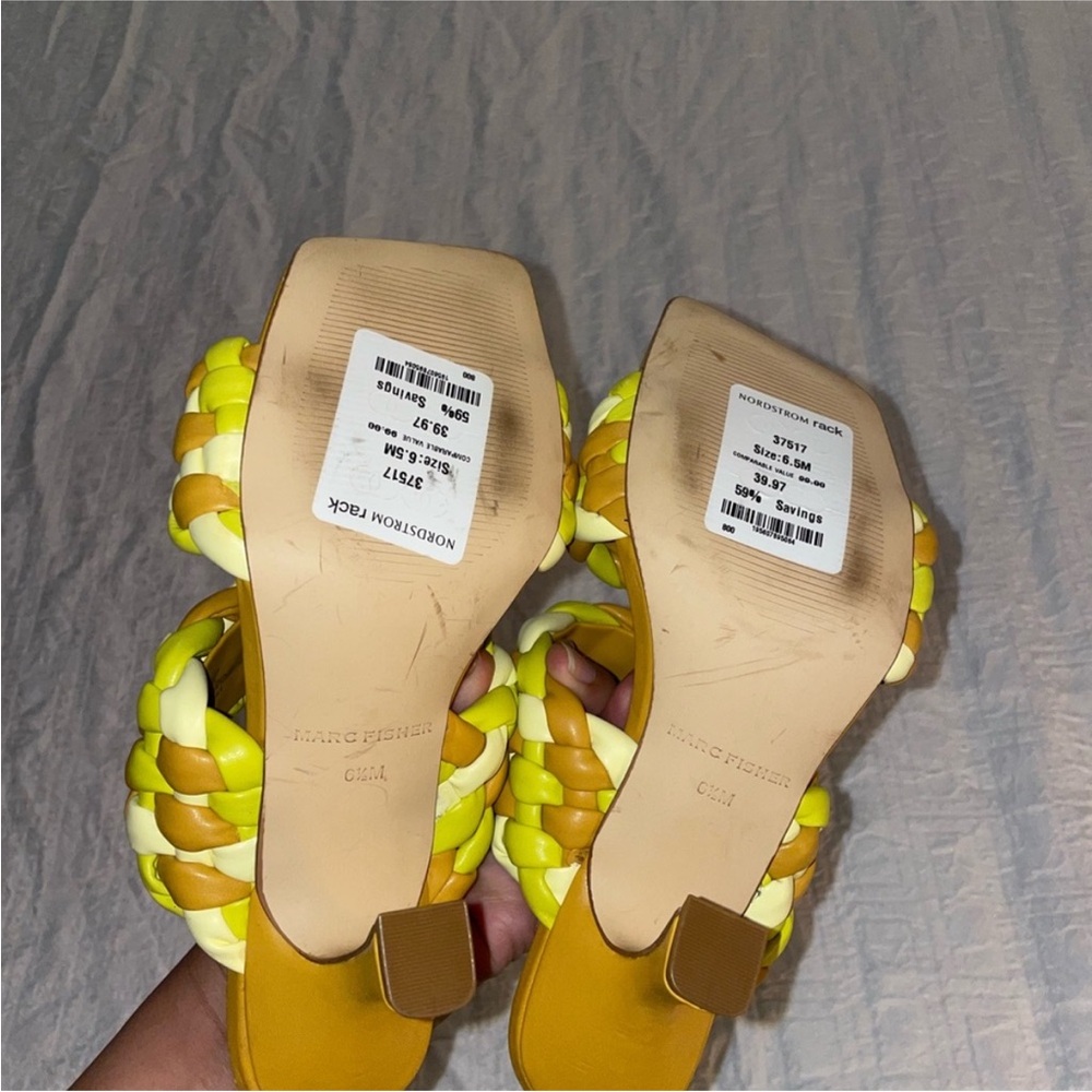 NWT Marc Fisher Toree Yellow Puff Woven Square Toe Heeled Sandals 6.5 - Picture 8 of 9
